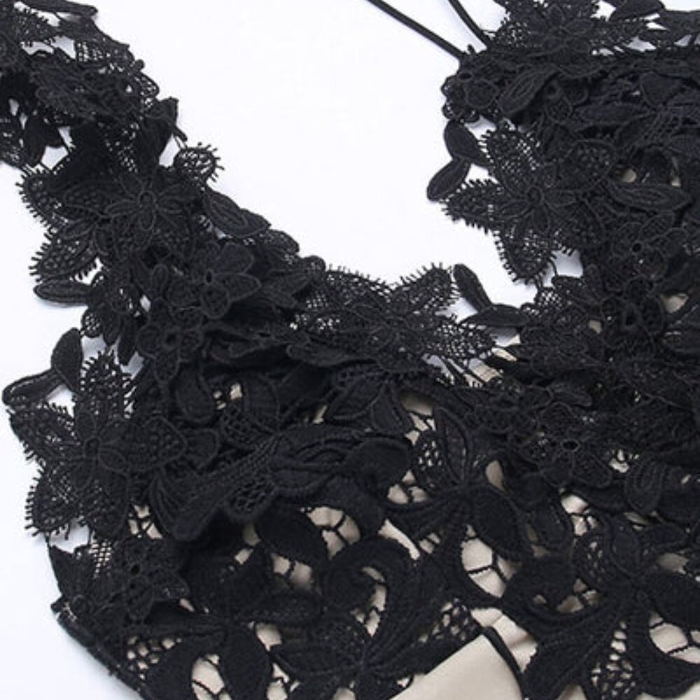 SEXY DEEP V LACE FLORAL APPLIQUE ASYMMETRICAL HEM COCKTAIL PARTY DRESS - NWT!! - Picture 2 of 5